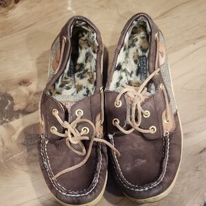 Sperry Brown Leather Boat Shoes with Animal Print